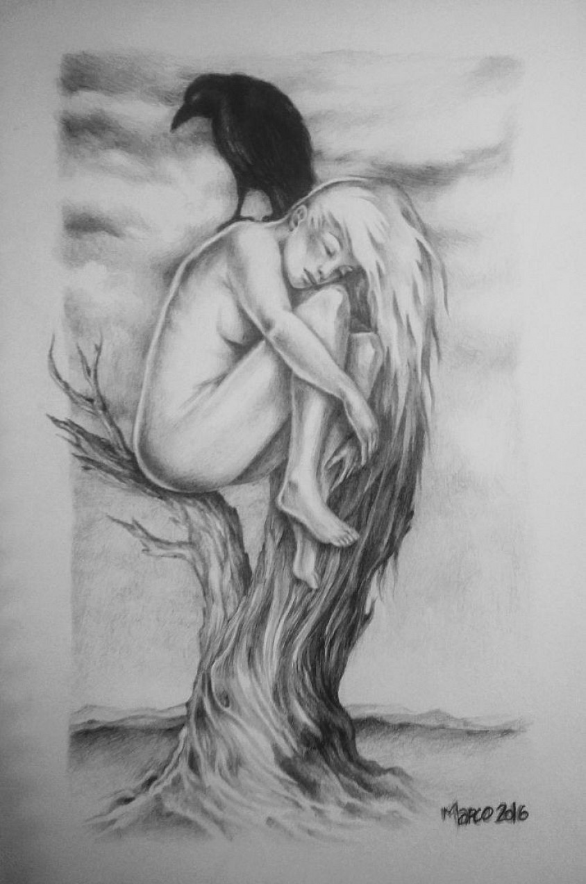 Dryade et le corbeau- 14, 5 x 21cm - crayon à papier