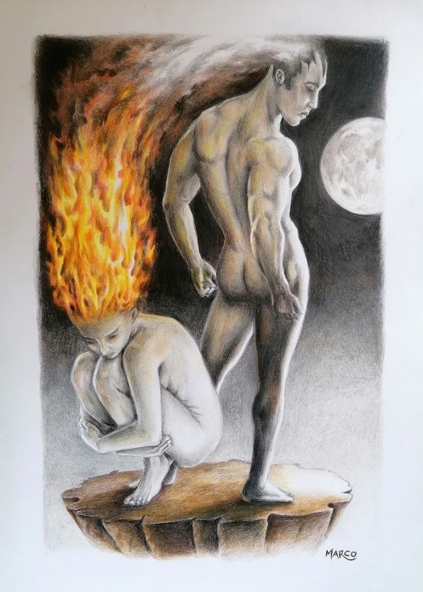 Se cacher de la Lune - 21 x 29,7cm - Crayons de couleur sur papier Canson