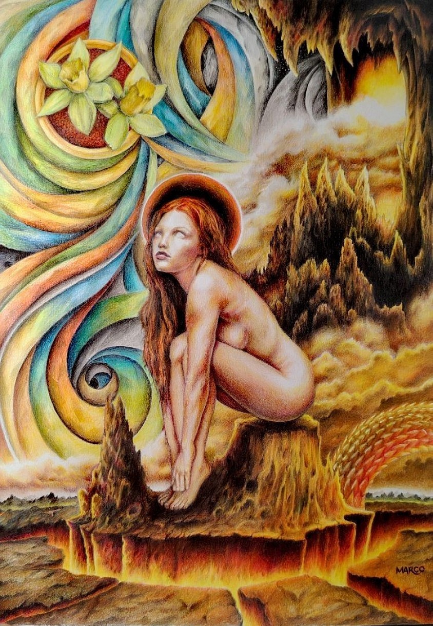 Coré et les narcisses - Format A3 - Crayons de couleur sur papier Canson